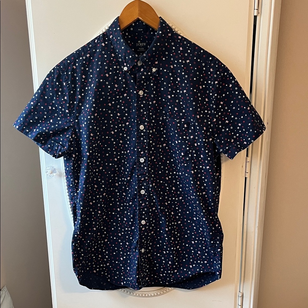 J. Crew Navy Short-Sleeve Button-Down Shirt with Multicolor Dot Flag Print